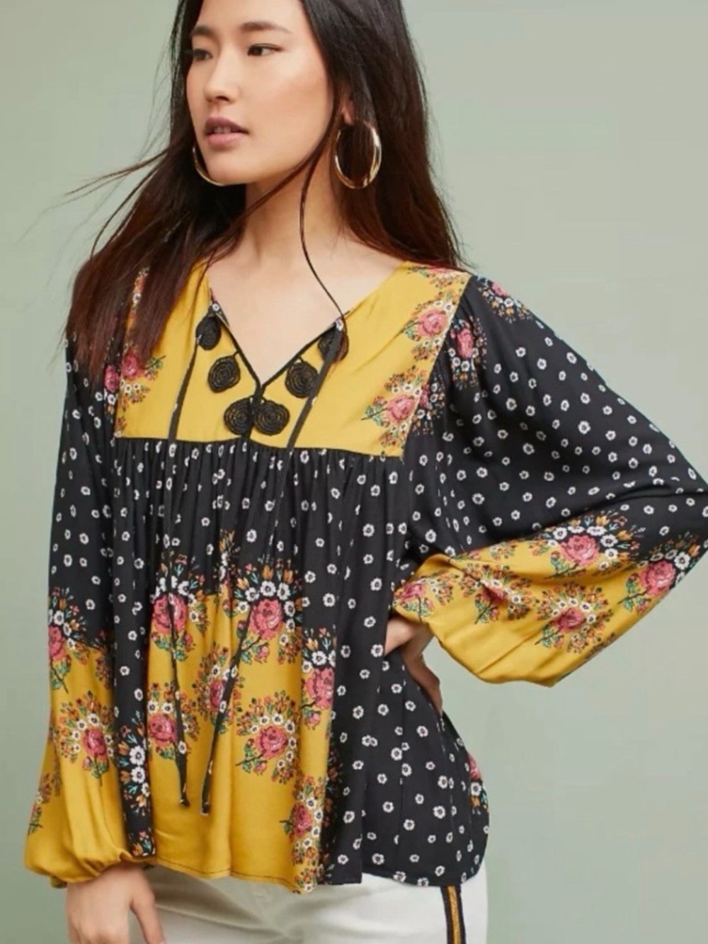 FARM Rio Intarsia Black & Yellow Floral Peasant Blouse Tassel Top - Size Small